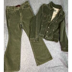 Ribbed Corduroy Jacket/Pants Women's Large/14P Olive Green Button Front VTG